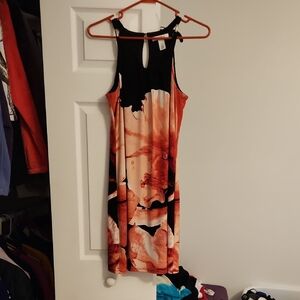 White House Black Market Black and Orange Patterned Midi Dress